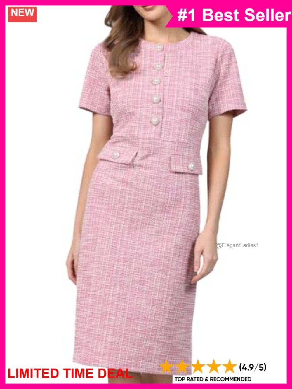 Hobemty Women's Short Sleeve A-line Tweed Dress Button Decor Elegant Work